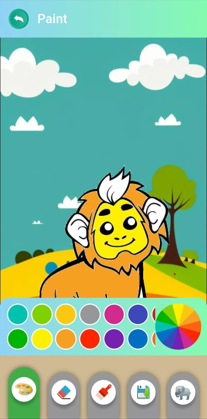 LearnGarden lion painting activity with color and drawing tools.